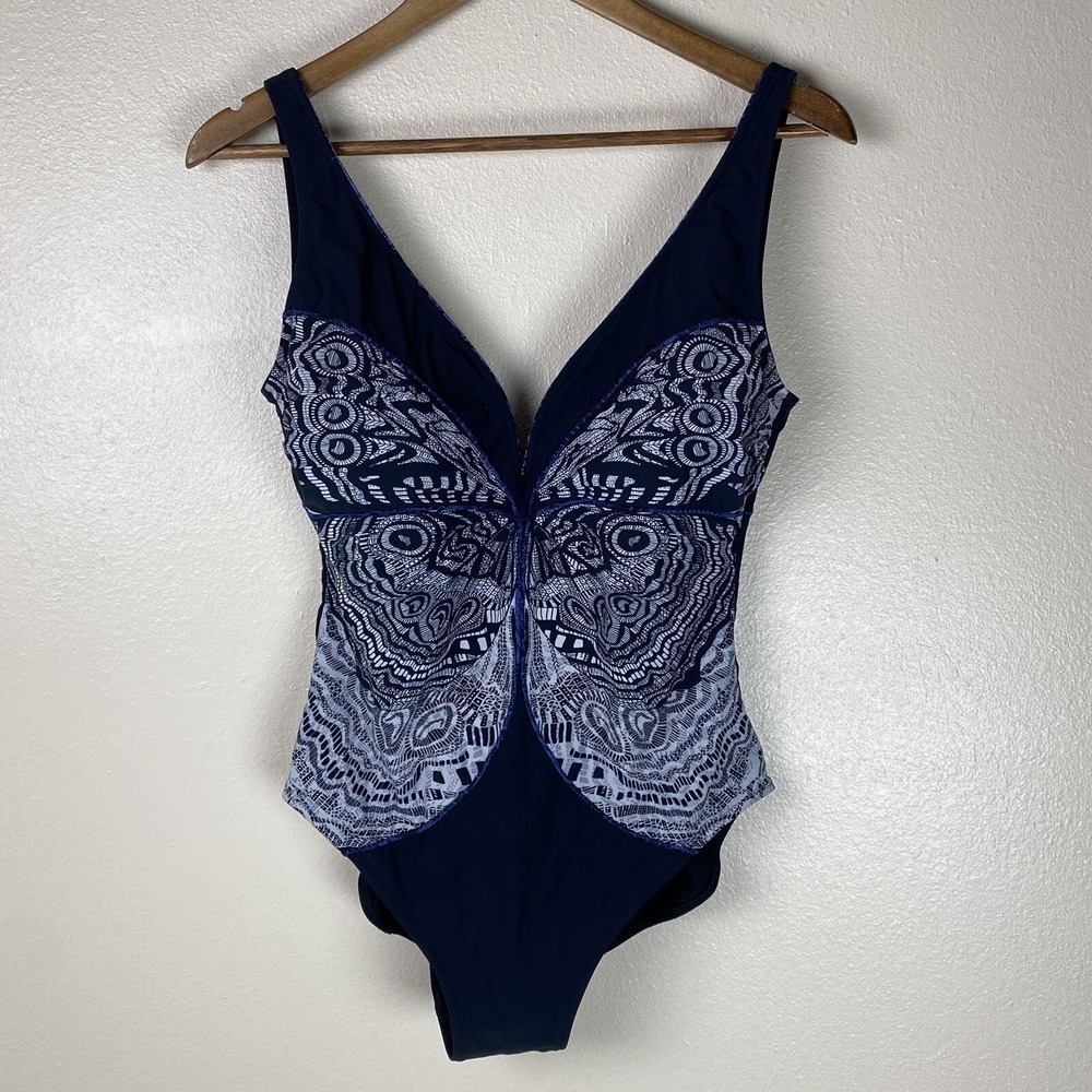 Gottex One Piece Swimsuit Size 12 BUTTERFLY Floral Appliqué Low Back Blue